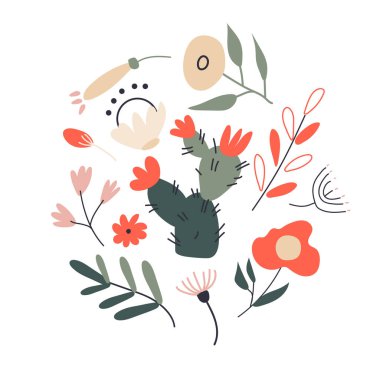 Beyaz arka planda bir sürü farklı tropikal yaprak, bitki ve çiçek deseni var. Tamamlanmış ve izole edilmiş vektör çizimleri koleksiyonu. Duvar kağıtların için mükemmel.