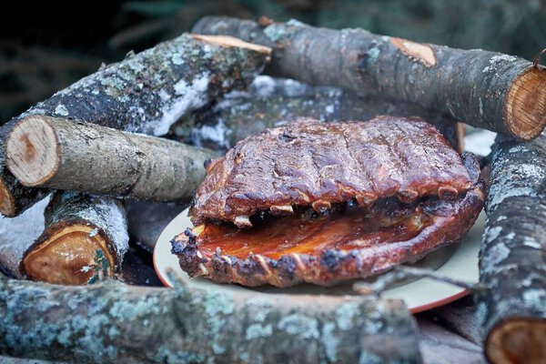 Нарезанные свежие свиные ребрышки лежат снаружи на тарелке на пикнике