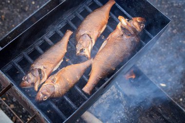 Mini bir tütsühanede kendi ellerinle pişmiş sıcak balık çok doğal ve lezzetli bir lezzettir.