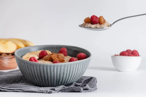 Oatmeal Porridge Berries Banana Apple Bowl Healthy Breakfast White Background — Stock Photo, Image