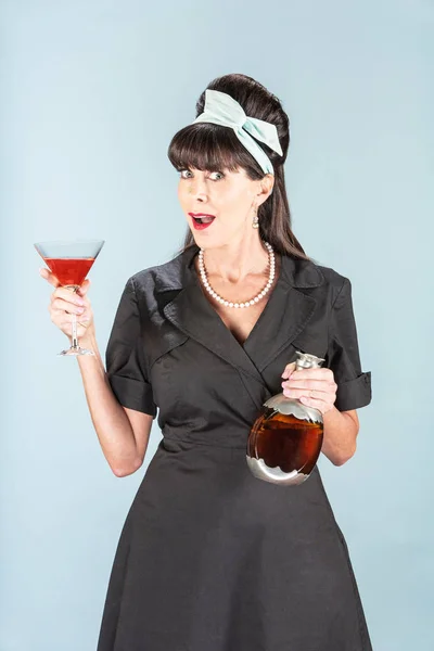 Retro Woman in Black Dress with Cosmopolitan — Stock Photo, Image