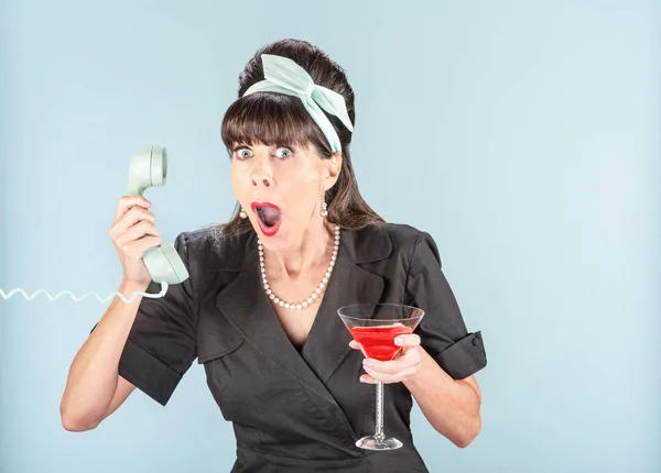 Close Up of Shocked Retro Woman in Black Dress with Phone Receiv — Stock Photo, Image