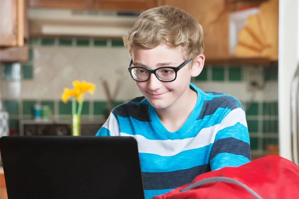 Dizüstü bilgisayar kullanan sırıtış çocuk — Stok fotoğraf