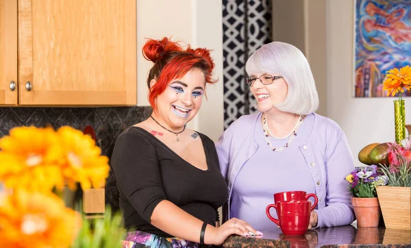 Mother Daughter Stand Kitchen Laughing — Stock Photo, Image