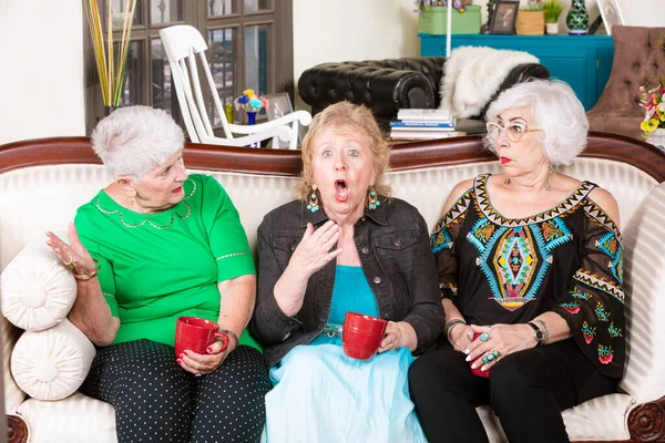 Zwei Seniorinnen Reagieren Schockiert Auf Den Gesichtsausdruck Ihrer Freundin — Stockfoto