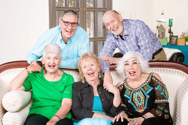 Cinco Amigos Seniores Felizes Torno Sofá Antigo Rindo Fotografia De Stock