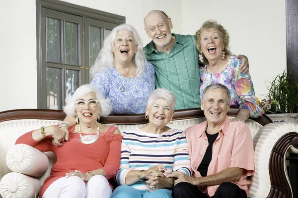 Seis Amigos Seniores Alegres Rindo Torno Sofá Antigo — Fotografia de Stock