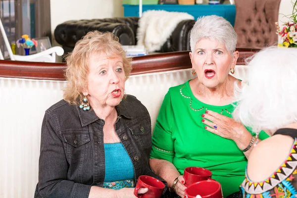 老年妇女听到令人震惊的道听途说时的反应 免版税图库图片