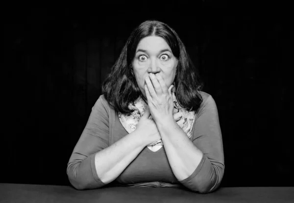 Black White Shocked Woman Hand Her Mouth — Stock Photo, Image