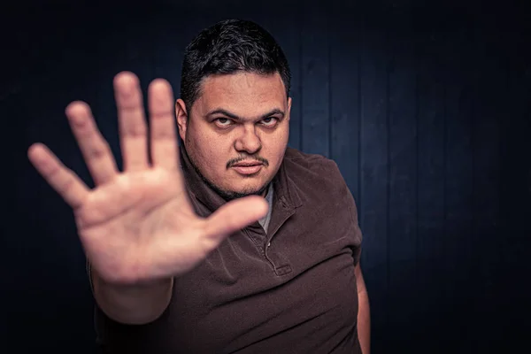 Latino Man Using Open Hand Make Stop Gesture — Stock Photo, Image