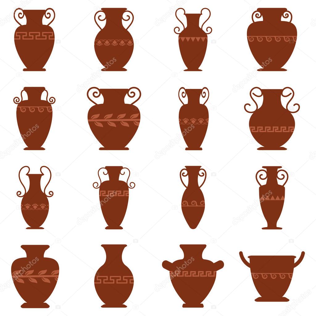 Collection of sixteen logos with antiquity urns. Vector ancient greek vases set in traditional colors. Amphora symbol