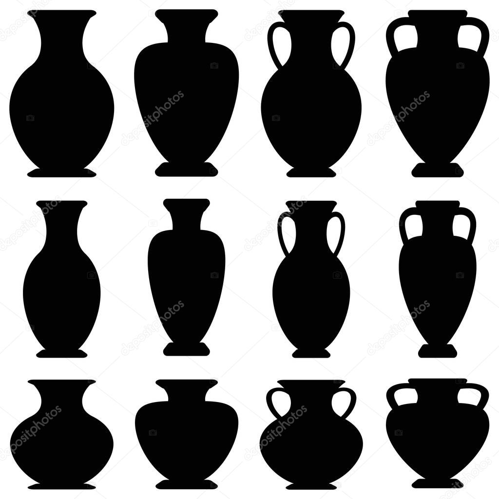 Vector ancient greek vases set. Amphora flat icon isolated on white background. Black urns collection.