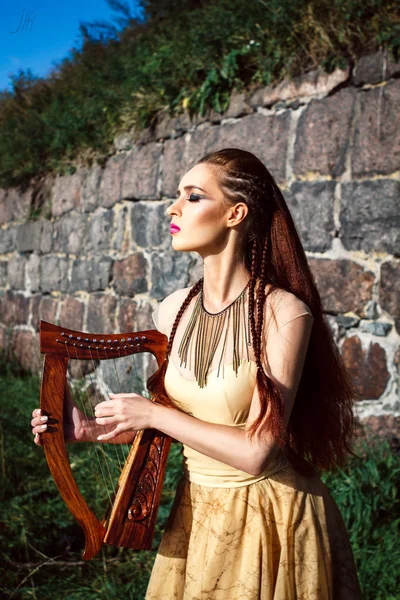 Retrato feminino com harpa celta — Fotografia de Stock