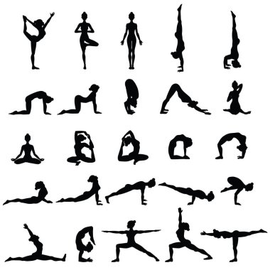 Women silhouettes. Collection of yoga poses. Asana set. clipart