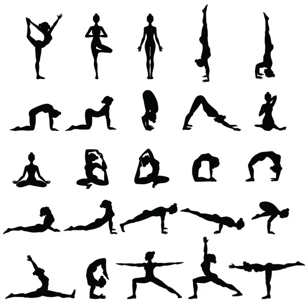 Women silhouettes. Collection of yoga poses. Asana set. — Stock Vector