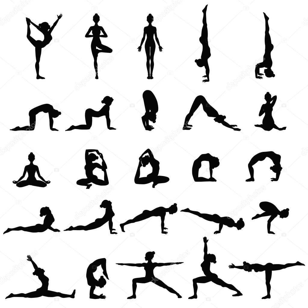 Women silhouettes. Collection of yoga poses. Asana set.