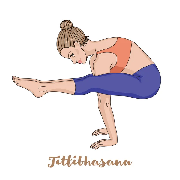 Silueta de mujer. Postura de yoga de luciérnaga. Tittibhasana — Vector de stock