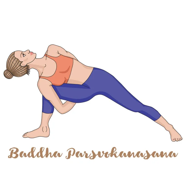 Silueta de mujer. Ángulo lateral completamente unido Yoga Pose Baddha Parsvokanasana — Vector de stock