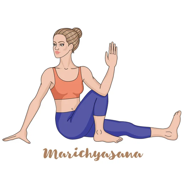 Sílhueta de mulheres. Marichis pose de ioga. Marichyasana. — Vetor de Stock
