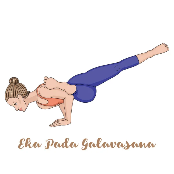 Silueta de mujer. Postura de yoga de paloma voladora. Eka Pada Galavasana — Archivo Imágenes Vectoriales