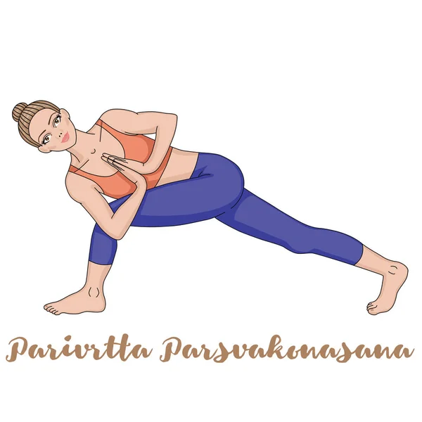 Silueta de mujer. Postura de yoga de ángulo lateral giratorio. Parivrtta Parsvakonasana — Vector de stock