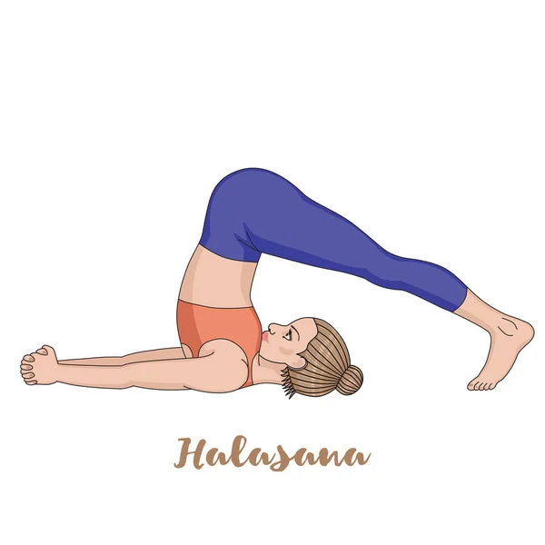 女性のシルエット。ヨガのポーズを耕します。Halasana — ストックベクタ