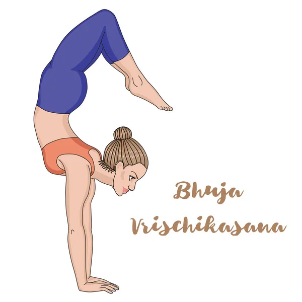 Silueta de mujer. Brazo Balance Escorpión Yoga Pose. Bhuja Vrischikasana — Vector de stock