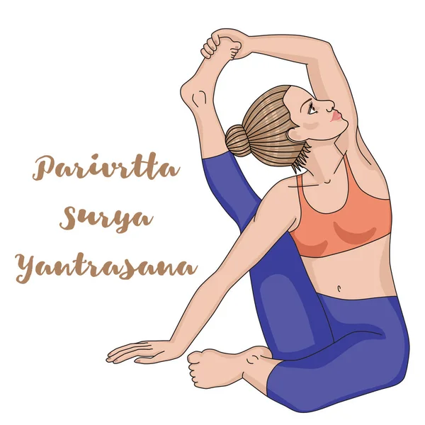 Sílhueta de mulheres. Bússola Yoga Pose. Parivrtta Surya Yantrasana — Vetor de Stock