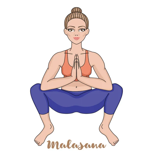 Silueta de mujer. Pose de yoga en cuclillas. Malasana — Archivo Imágenes Vectoriales