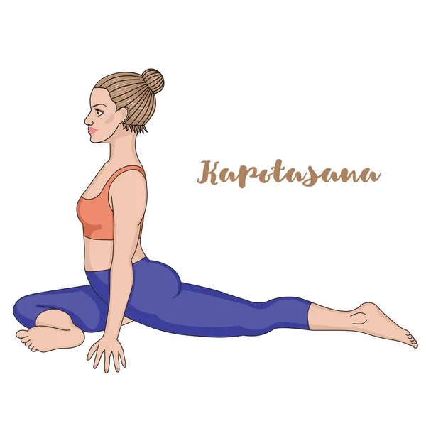 Sílhueta de mulheres. Pose de ioga de pombo. Kapotasana. — Vetor de Stock