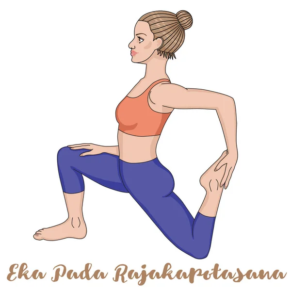 Silueta de mujer. Postura de yoga de paloma rey de una pierna. Eka Pada Rajakapotasana — Archivo Imágenes Vectoriales