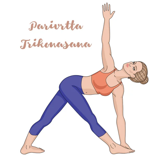 Sziluettjét nők. Forgatott háromszög jóga póz. Parivrtta Trikonasana — Stock Vector