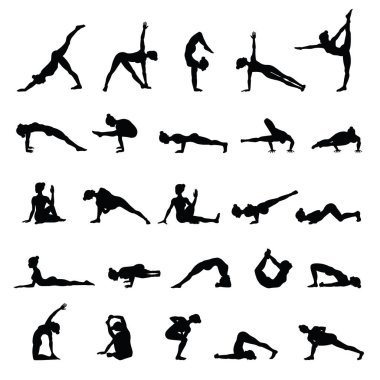 Kadın siluetleri. Yoga pozlar topluluğu. Asana seti.