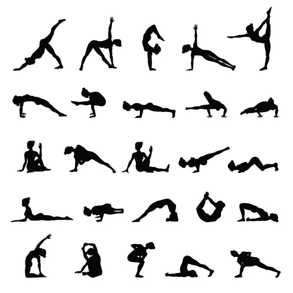 Women silhouettes. Collection of yoga poses. Asana set. — Stock Vector