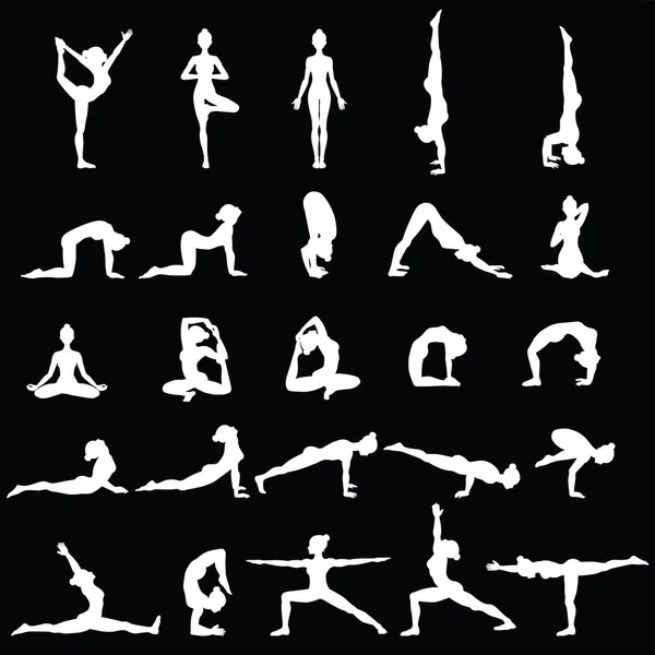 Siluetas de mujer. Colección de poses de yoga. Conjunto Asana . — Vector de stock