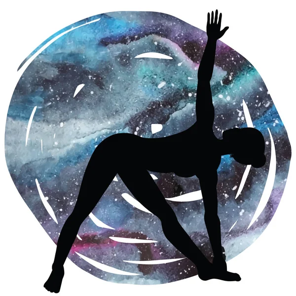 Silueta de mujer. Postura extendida del yoga del triángulo. Utthita trikonasana — Vector de stock