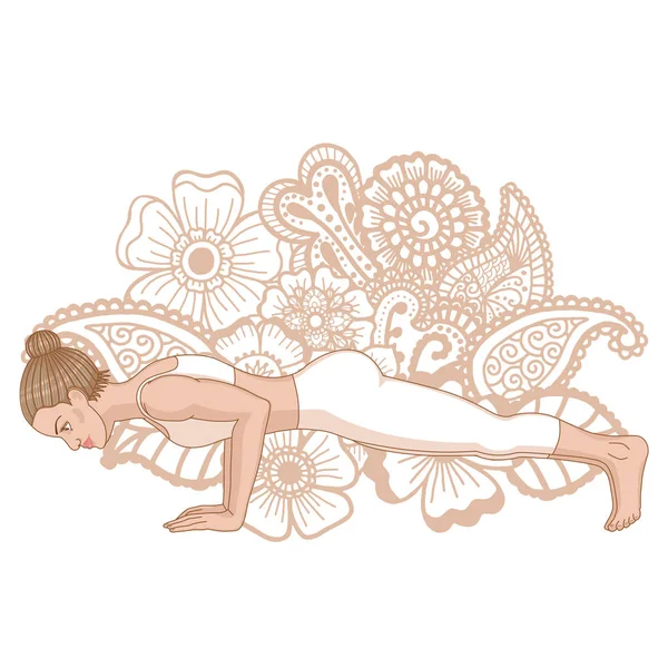 Sílhueta de mulheres. Quatro-Limbed Staff Pose. Baixa postura de ioga prancha. Chaturanga Dandasana —  Vetores de Stock