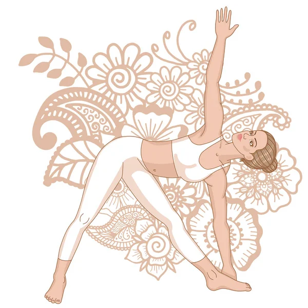 Silueta de mujer. Postura extendida del yoga del triángulo. Utthita trikonasana — Vector de stock