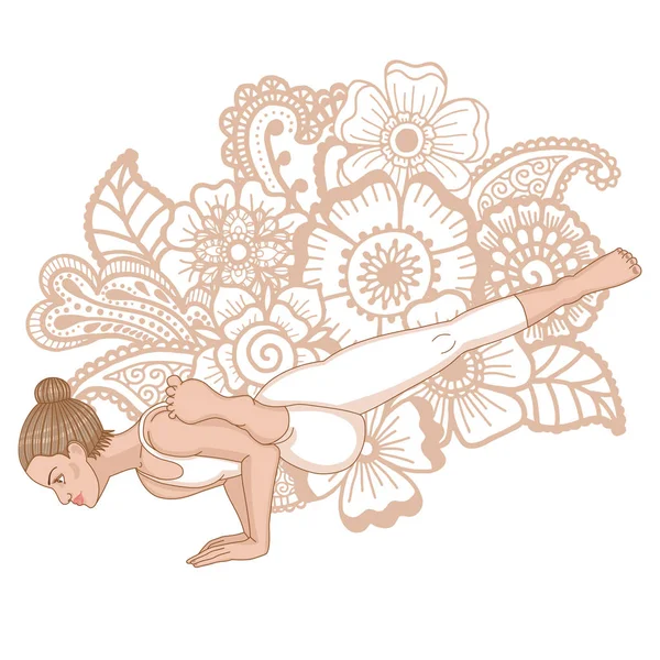 Silueta de mujer. Postura de yoga de paloma voladora. Eka Pada Galavasana — Vector de stock