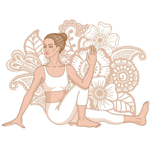 Sílhueta de mulheres. Marichis pose de ioga. Marichyasana. —  Vetores de Stock