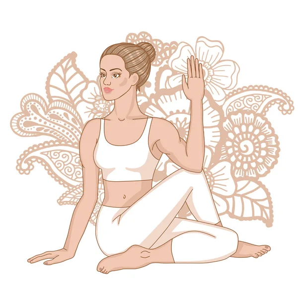 Silhouette femminile. Mezzo Signore dei Pesci Yoga Pose. Ardha Matsyendrasana — Vettoriale Stock