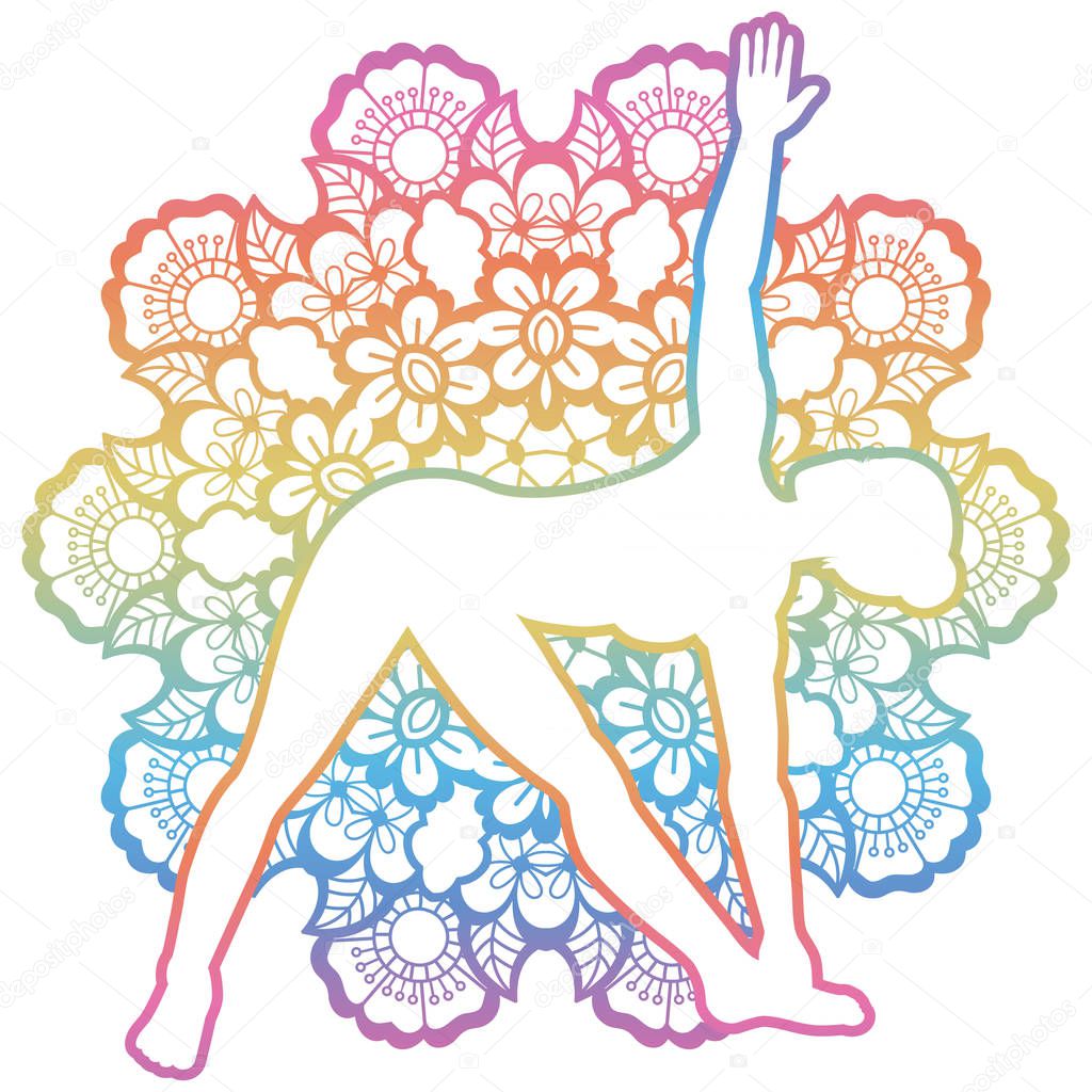 Mandala round background. Extended Triangle Yoga Pose. Utthita trikonasana Vector illustration