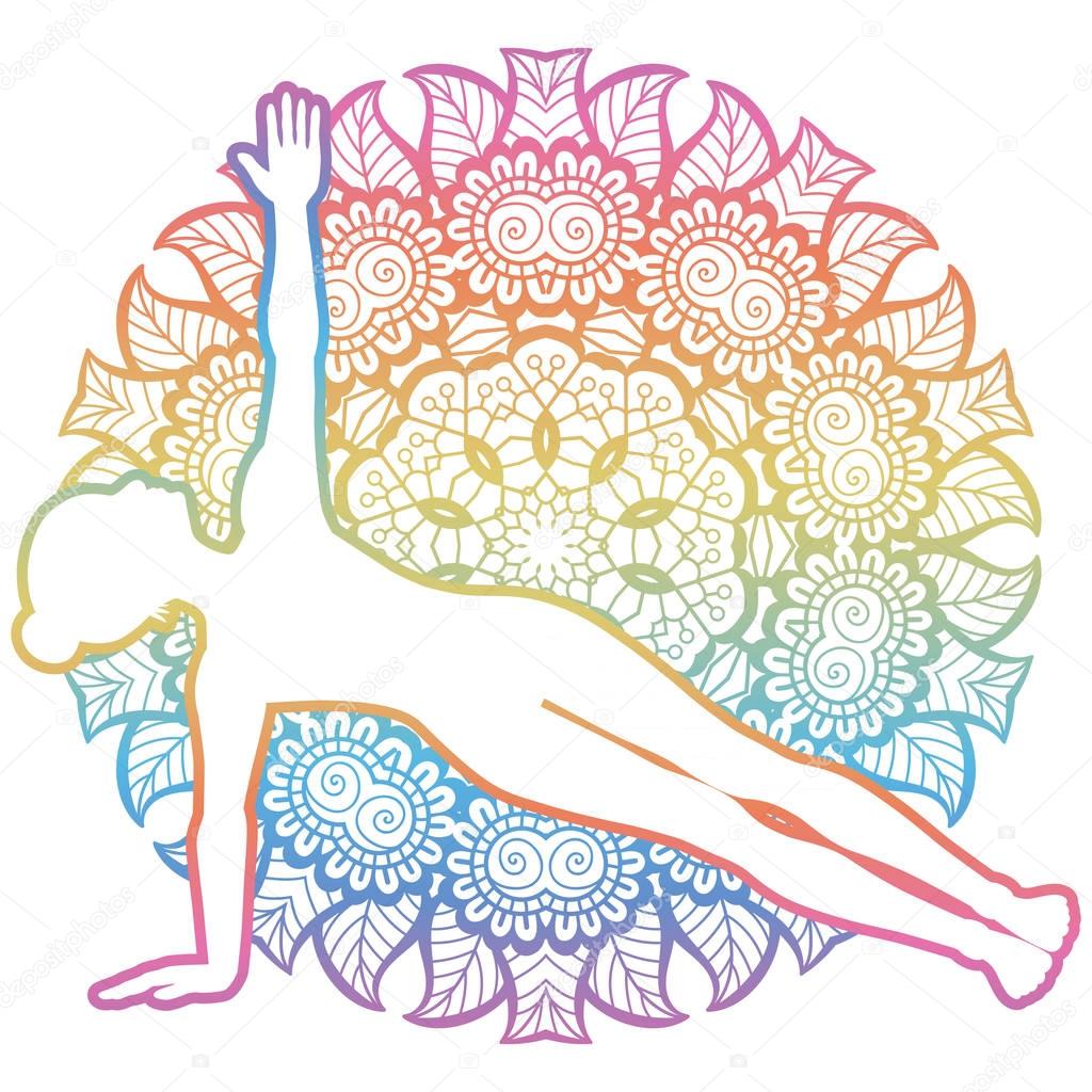 Mandala round background. Extended side plank yoga pose. Vasisthasana. Vector illustration
