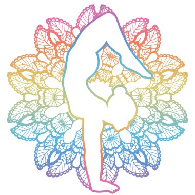 Kadınlar siluet. Kol denge Akrep Yoga poz. Bhuja Vrischikasana