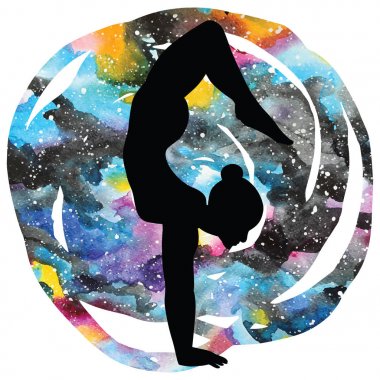 Kadınlar siluet. Kol denge Akrep Yoga poz. Bhuja Vrischikasana