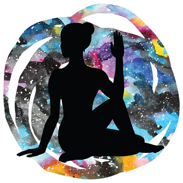 Silueta de mujer. Mitad Señor de los Peces Yoga Pose. Ardha Matsyendrasana — Vector de stock