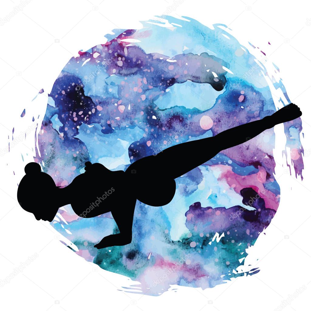 Women silhouette. Flying Pigeon yoga pose. Eka Pada Galavasana