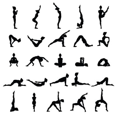 Kadın siluetleri. Yoga pozlar topluluğu. Asana seti.
