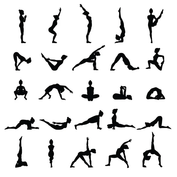 Vrouwen silhouetten. Collectie van yoga houdingen. Instellen van asana. — Stockvector