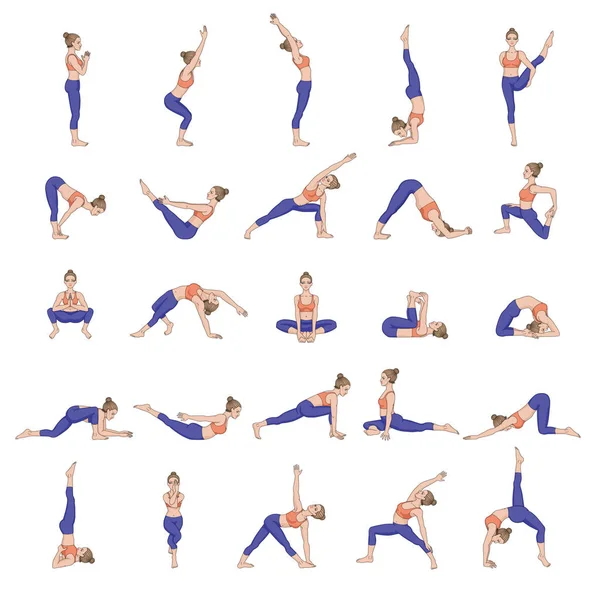 Siluetas de mujer. Colección de poses de yoga. Conjunto Asana . — Vector de stock